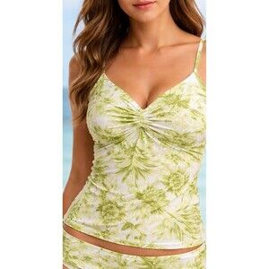 Lands’ End 2 Pc Tankini Swimsuit Set Women Size 14 Green White Floral Tropical